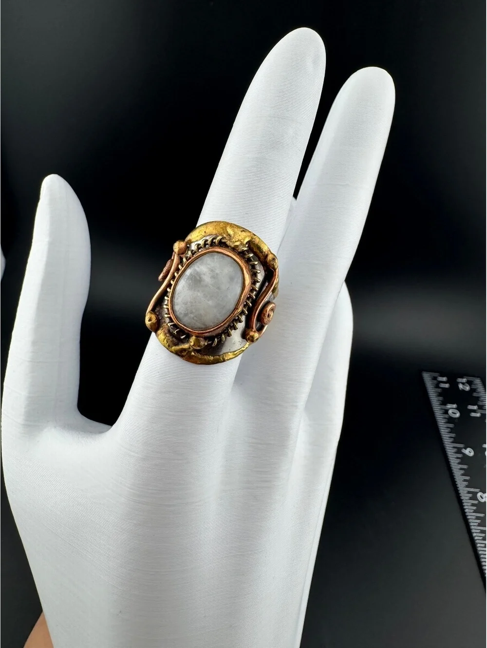 Adjustable Mixed Metal Ring with Natural Oval Stone Accent